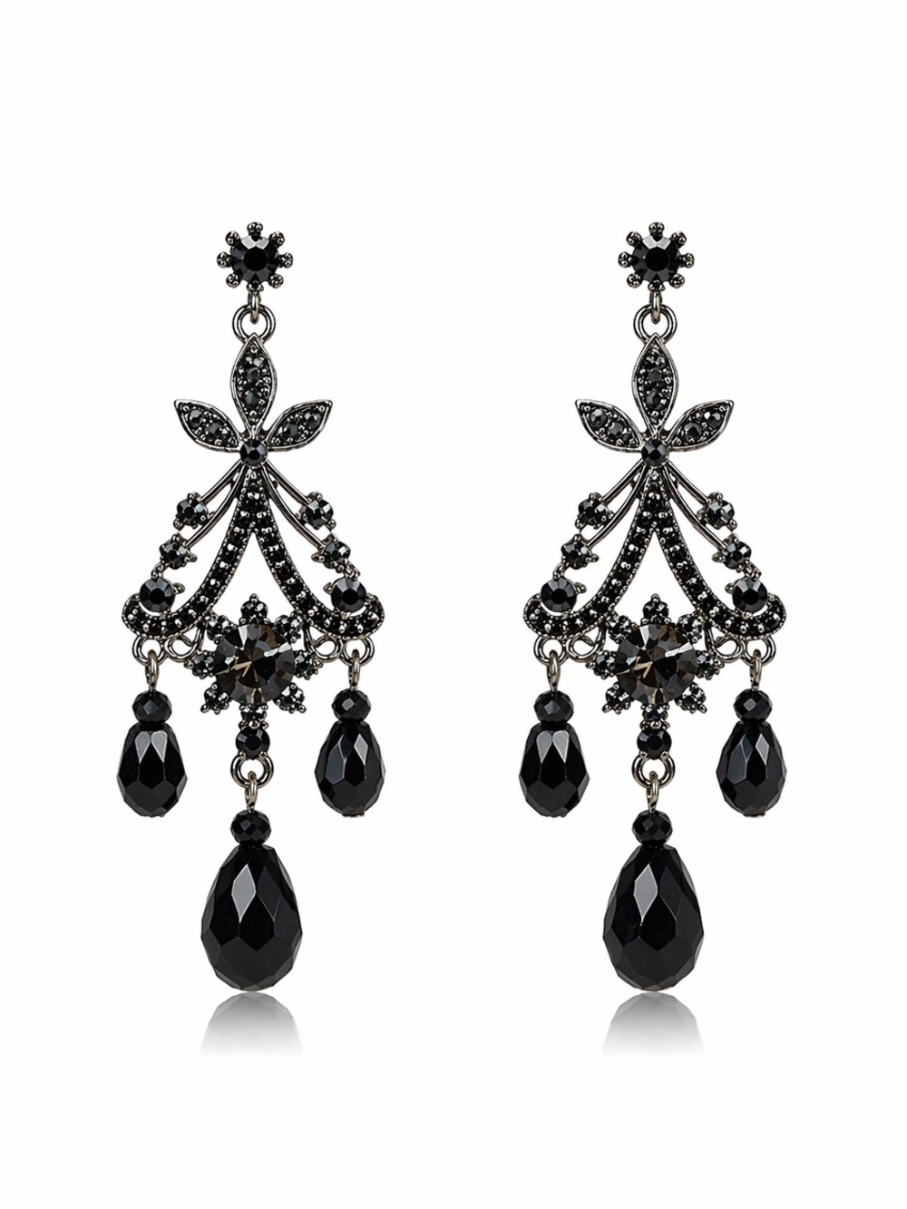 Noir Chandelier Black Crystal Drop Earrings • Gothic Filigree, 925 silver posts